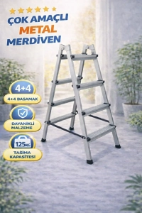 Çok Amaçlı Metal 4+4 Basamaklı Katlanabilir Merdiven | Kaymaz Basamak | 125 Kg Taşıma Kapasiteli